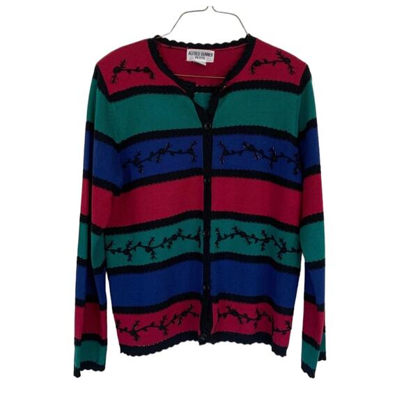VTG 80s 90s bold stripe floral bead embroidery button‎ cardigan sweater MEDIUM - Picture 1 of 7